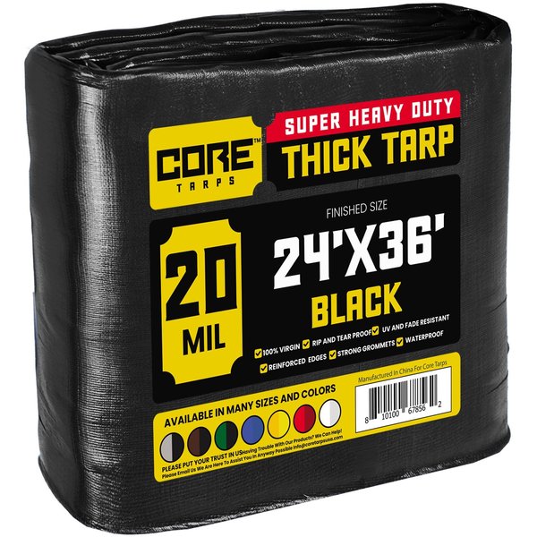 Core Tarps 24 ft x 36 ft Heavy Duty 20 Mil Tarp, Black, Polyethylene CT-706-24x36